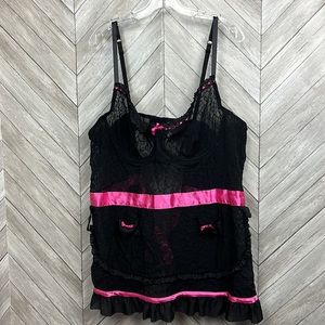 Cacique Pink Ribbon and Black Lace Babydoll Lingerie 26/28